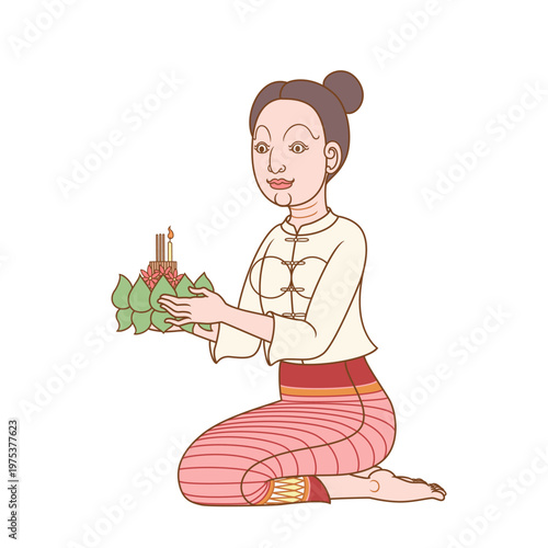 Vector illustration of a woman holding ritual vessel in Loy Krathong festival of Thailand in traditional Thai art style.