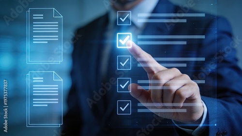 Businessman selecting checklist options on digital interface corporate decision making concept modern technology professional workflow office environment blue tone futuristic