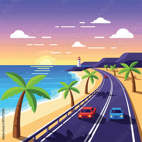 A coastal highway with cars, palm trees, beach, ocean, sunset, and lighthouse