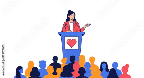 Public speaker, woman at podium, heart symbol, audience, colorful illustration, presentation, speech, communication, leadership
