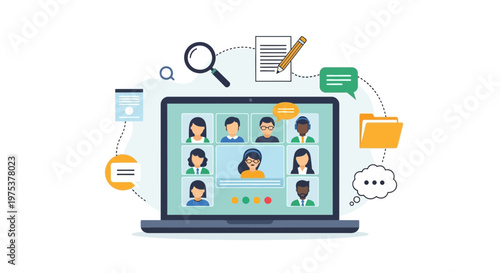 Remote team meeting, online collaboration, video conference, virtual communication icons