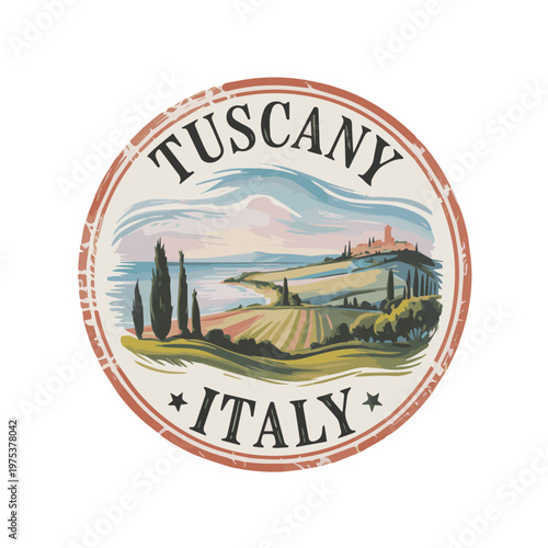 Vector art of a circular stamp featuring a scenic Tuscany city in Italy, with detailed architecture and soft lines, capturing a charming and timeless travel theme.