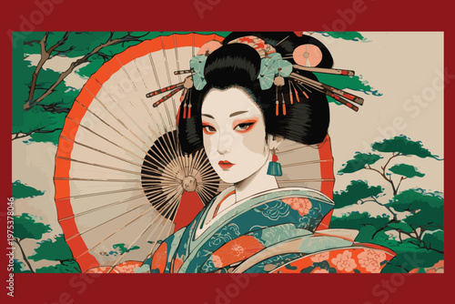 Vector portrait of a Japanese geisha wearing traditional attire, set against ornate Japanese patterns, designed with elegant lines and cultural details.