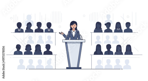 Businesswoman speaking at podium, presenting to audience, conference speaker, public speaking, presentation