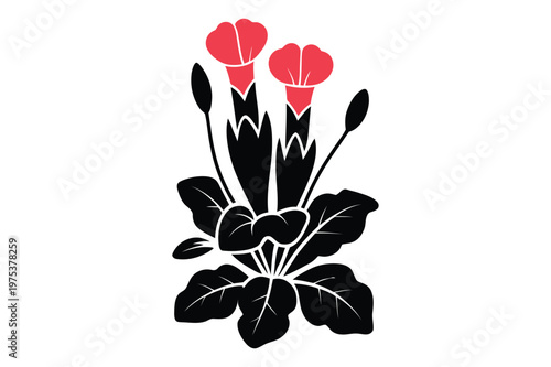 Abstract bell shaped red flowers with black leaves and buds vector illustration