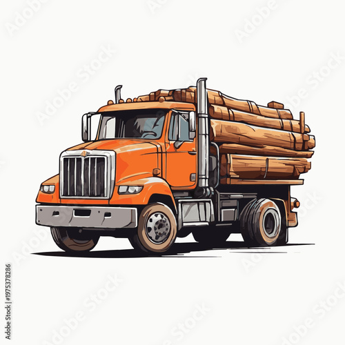 Vector illustration of an industrial logging truck carrying large timber logs, designed with strong lines and detailed structure, showcasing heavy duty transport in a rugged setting.
