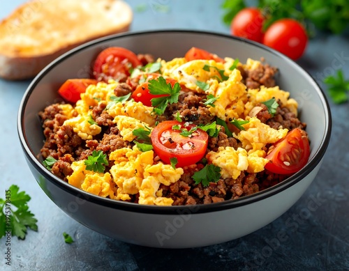Delicious Scrambled Eggs with Ground Beef and Tomatoes Breakfast Bowl.
