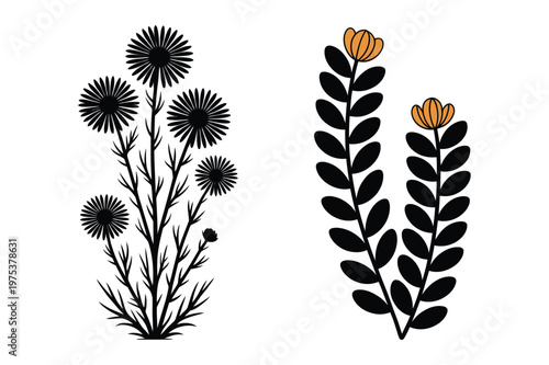 Foto Black silhouette botanical illustrations with spiky thistle and leafy orange
