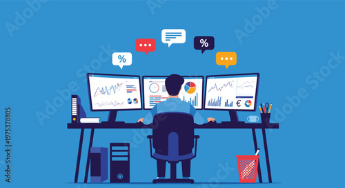 Professional data analyst works at a desk with three computer monitors displaying various financial charts and graphs.