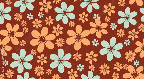 Seamless floral pattern features a beautiful arrangement of teal and orange flowers on a rich brownish red background.