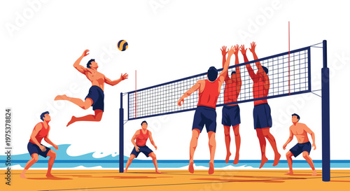 Group of athletic men plays an intense game of beach volleyball on the sand with the ocean waves in the background.