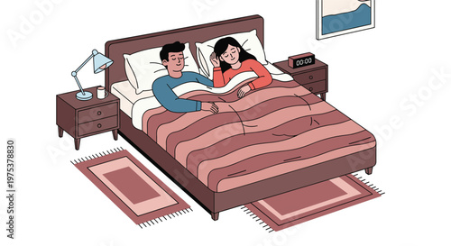 Happy couple sleeps peacefully in a cozy bedroom with warm blankets and bedside tables under soft morning light.