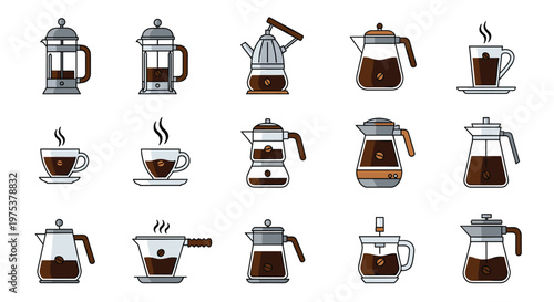 Comprehensive set of icons displays different types of coffee brewing equipment and various coffee cups for enthusiasts.