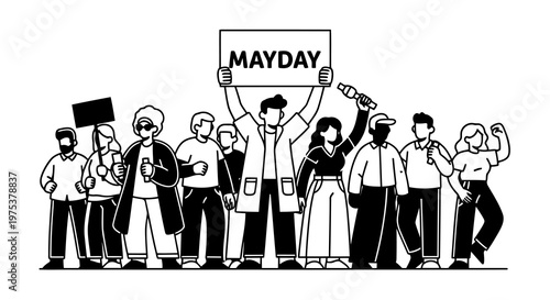 A group of diverse people protesting with a mayday sign in a simple black and white illustration.