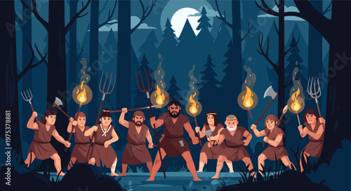 Large group of angry villagers carries torches and primitive tools through a dark forest during a night expedition.