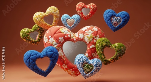 Floating quilted fabric heart ornaments with intricate patterns