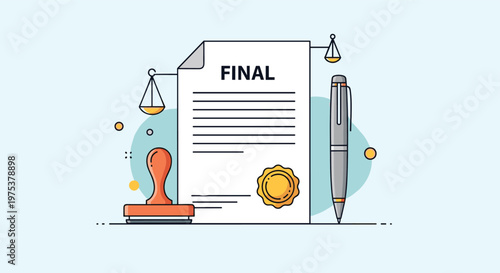 Formal legal document labeled final is placed on a desk with a official seal, a pen, and scales of justice icon.