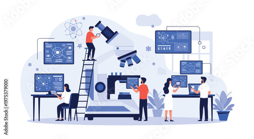Scientists conducting research in a modern laboratory equipped with high-tech microscopes and advanced data monitoring systems.