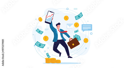 Successful businessman jumping for joy while holding a smartphone showing growth charts and carrying a briefcase with money.