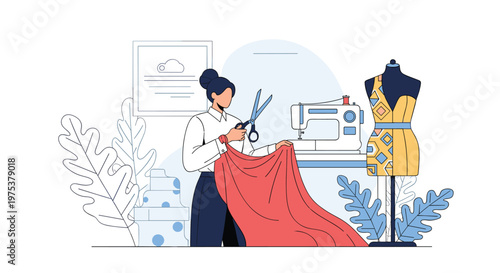 Professional fashion designer cutting red fabric with scissors in a creative studio near a sewing machine and mannequin.