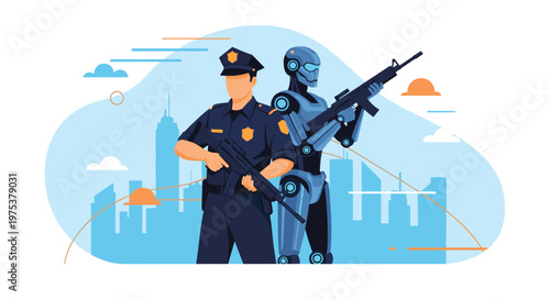 Human police officer standing alongside a futuristic robotic guard in a city environment to maintain safety and security.