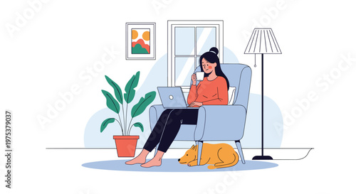 Young woman working on her laptop while sitting comfortably in an armchair at home with her dog sleeping nearby.
