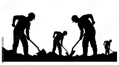 Family of four silhouetted while digging in the dirt together.