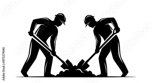 Two workers digging together in a synchronized manner with shovels.
