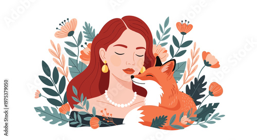 Beautiful woman with long red hair embracing a friendly fox surrounded by a variety of colorful flowers and leaves.