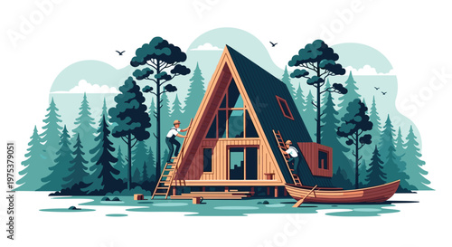 Professional builders using ladders to construct a modern wooden A-frame house in a peaceful forest near the water.