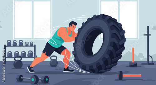 Athletic man performing a tire flip exercise in a fitness gym as part of a high-intensity functional training workout.