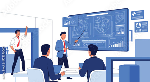 Business executive giving a presentation using a large interactive digital screen to analyze data for a group of colleagues.