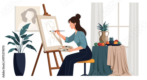Talented female artist painting a portrait on a canvas in her bright studio filled with plants and a still life setup.
