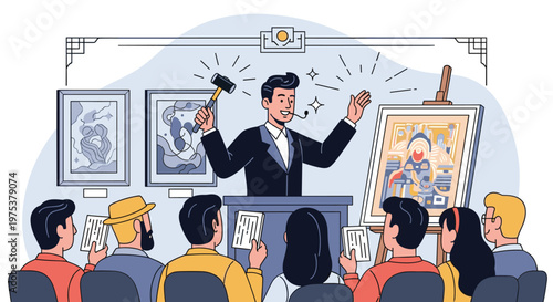 Professional auctioneer holding a gavel during an art auction while bidders raise their paddles for a framed painting.