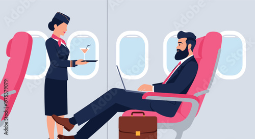 Flight attendant serving a drink to a businessman who is working on his laptop in the first-class cabin of an airplane.