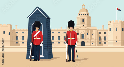 Royal guards wearing red uniforms and black bear skin hats standing at attention in front of a majestic palace building.
