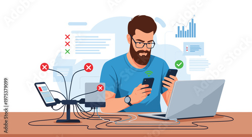 Information technology specialist working at a desk with several devices trying to solve complex technical problems.