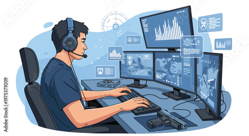 Cyber security specialist monitoring data on multiple screens while using professional headphones and a keyboard at a desk.