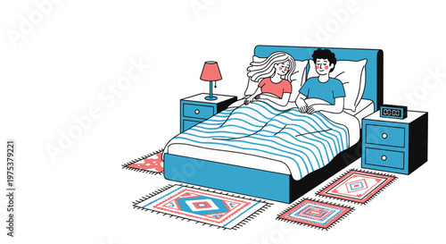 Young couple sleeping peacefully in a comfortable bed in their bedroom on a quiet night with a lamp on the nightstand.