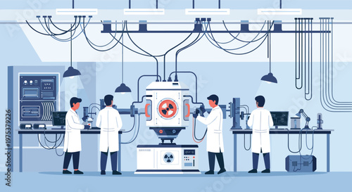 Team of nuclear scientists in lab coats working with complex machinery and monitoring systems in a high-security facility.