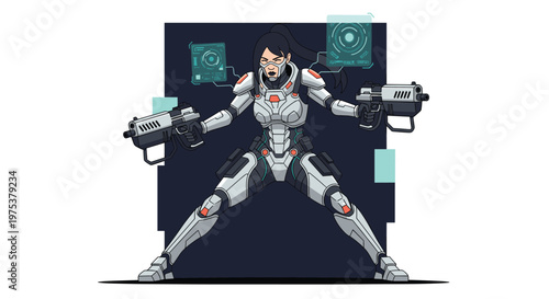 Futuristic female soldier in advanced white armor holding two powerful pistols while ready for combat in a sci-fi world.