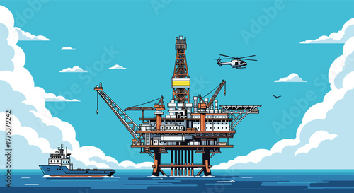 Large industrial offshore oil platform in the middle of the ocean with a supply ship and a helicopter nearby under a cloudy sky.