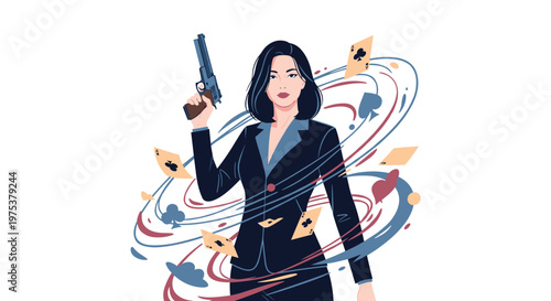 Powerful woman in a formal suit holding a handgun with playing cards and swirling elements flying around her in a dynamic composition.