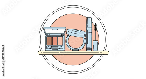 Cosmetic products icon including eye shadow palette, face powder, mascara, and lipstick arranged on a shelf within a circular frame.