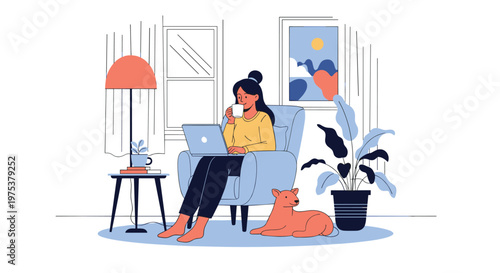 Young woman sitting in a comfortable armchair working on a laptop while drinking coffee with her pet dog resting on the floor.