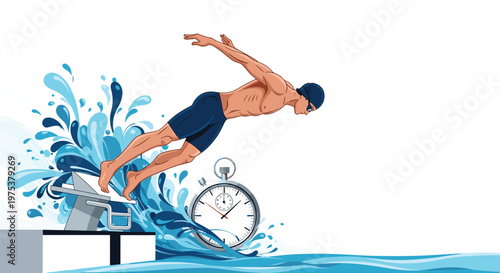 Professional male swimmer in a cap and goggles diving from a starting block into splashing blue water next to a stopwatch icon.