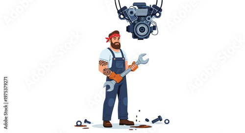 Strong male mechanic in overalls and a bandana holding a massive wrench while standing under a car engine suspended in a workshop.
