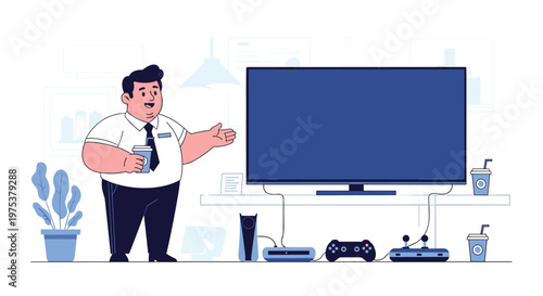 Cheerful salesman in a white shirt and tie gesturing towards a large blank flat screen television in an electronic store setting.