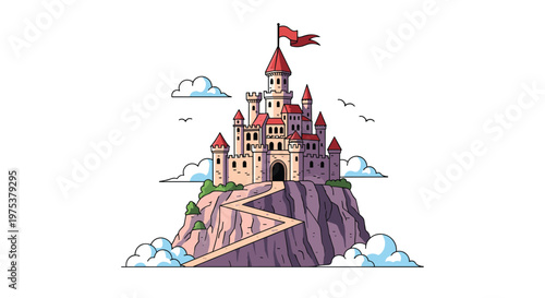 Majestic fairy tale castle with red roofs and a winding path leading up a steep rocky mountain surrounded by clouds and birds.