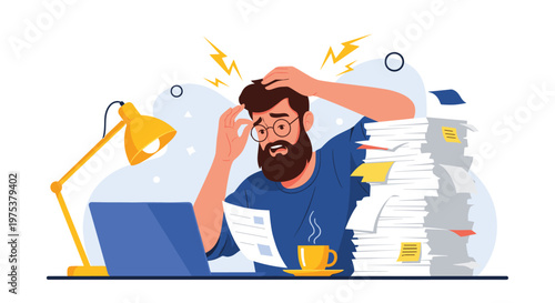 Overwhelmed man with glasses sitting at a desk with a laptop and a huge stack of paperwork showing signs of stress.